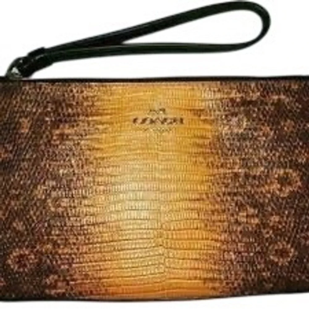 Coach Yellow Brown Ombre Lizard Embossed Leather Wristlet Clutch Bag - Picture 6 of 9